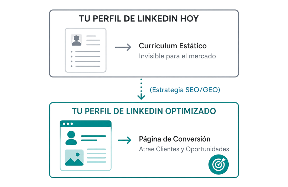 Diagrama de flujo sobre cómo optimizar tu perfil de linkedin transformando un currículum estático en una página de conversión B2B.