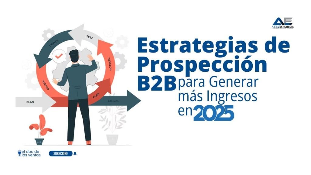 Ilustración de un equipo de ventas colaborando en estrategias de prospección B2B, con gráficos de embudo de ventas y herramientas digitales como CRM y LinkedIn en pantalla.