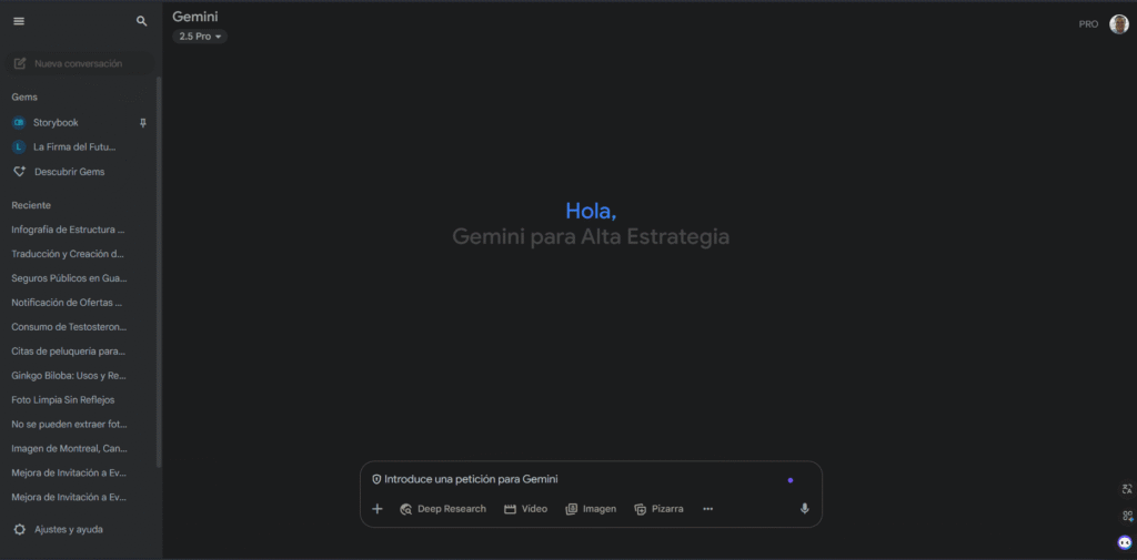 Interfaz de inicio de Gemini 2.5 Pro con funciones avanzadas como Deep Research, orientada a la productividad profesional y estrategia de IA.