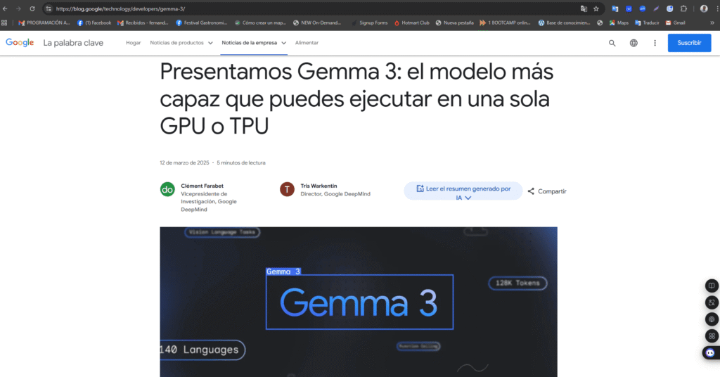 Captura de pantalla del blog oficial de Google anunciando Gemma 3, modelo de inteligencia artificial abierto y eficiente optimizado para ejecutarse en una sola GPU o TPU.