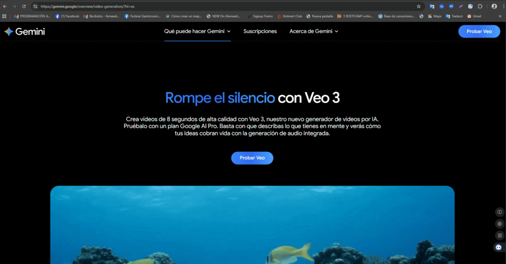 Página oficial de Google Veo 3 mostrando su generador de videos por IA con audio integrado, parte del ecosistema Gemini para creación multimedia en 2025.