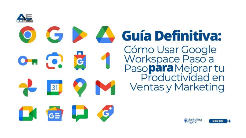 Equipo de marketing y ventas colaborando en laptops con aplicaciones de Google Workspace como Gmail, Drive y Meet.