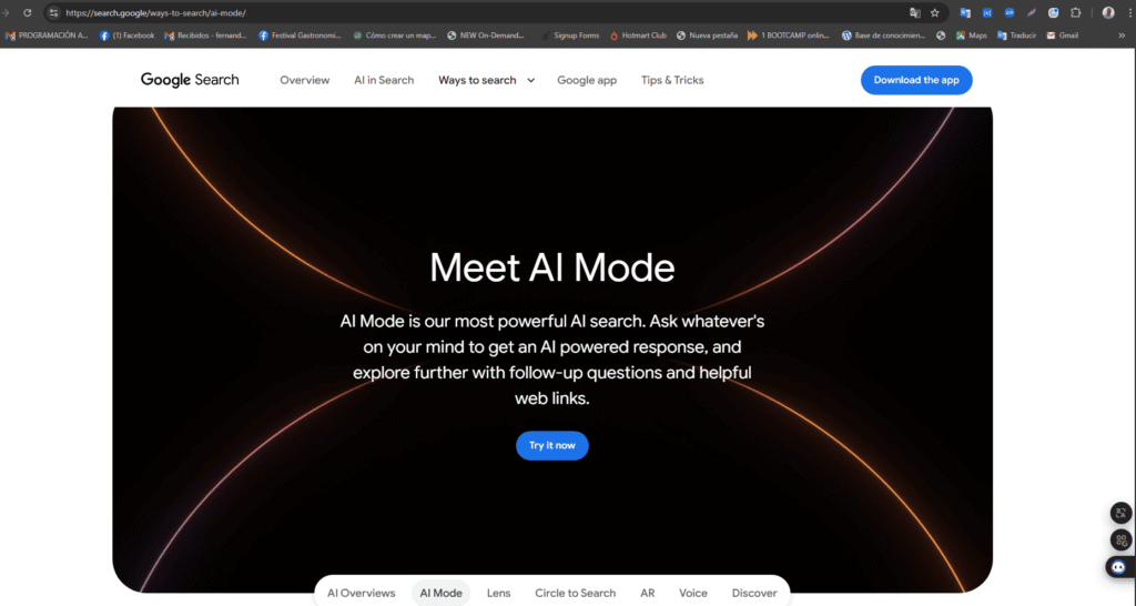 Pantalla de inicio de Google Search presentando AI Mode, el modo de búsqueda más potente con inteligencia artificial para respuestas inteligentes y enlaces útiles.