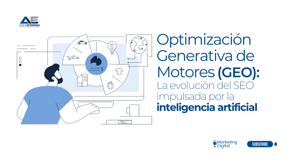 Diagrama que muestra la evolución del SEO tradicional hacia la Optimización Generativa de Motores (GEO) impulsada por inteligencia artificial.