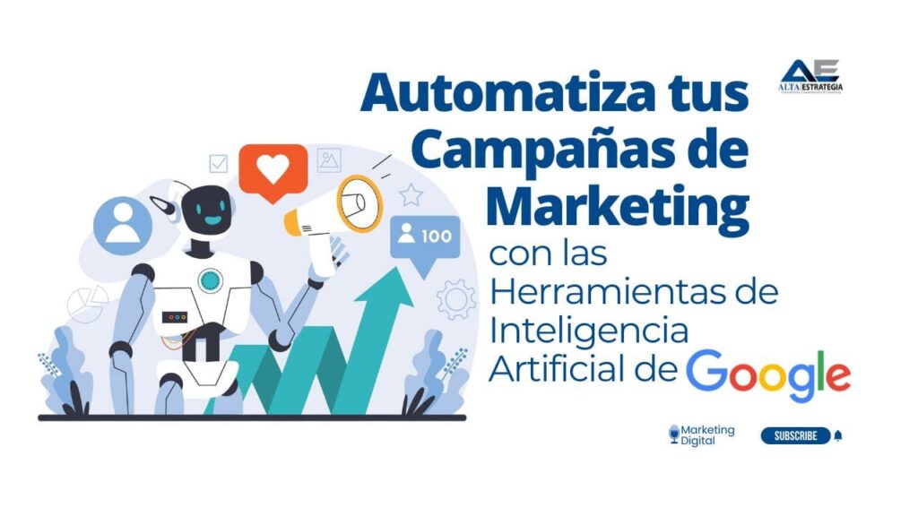 Ilustración de automatización de campañas de marketing con inteligencia artificial y herramientas de Google como Ads y Workspace