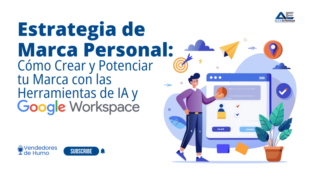 Profesional trabajando en su marca personal con inteligencia artificial y herramientas de Google Workspace, frente a una laptop, analizando contenido digital y productividad.