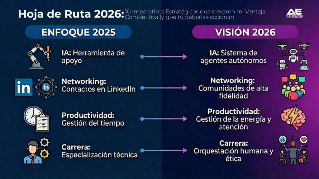 Infografía comparativa que ilustra la evolución estratégica del 'Enfoque 2025' a la 'Visión 2026' para mejorar los negocios. Muestra cuatro áreas clave de transición: la IA pasa de 'Herramienta de apoyo' a 'Sistema de agentes autónomos'; el Networking evoluciona de 'Contactos en LinkedIn' a 'Comunidades de alta fidelidad'; la Productividad cambia de 'Gestión del tiempo' a 'Gestión de la energía y atención'; y la Carrera va de 'Especialización técnica' a 'Orquestación humana y ética'.