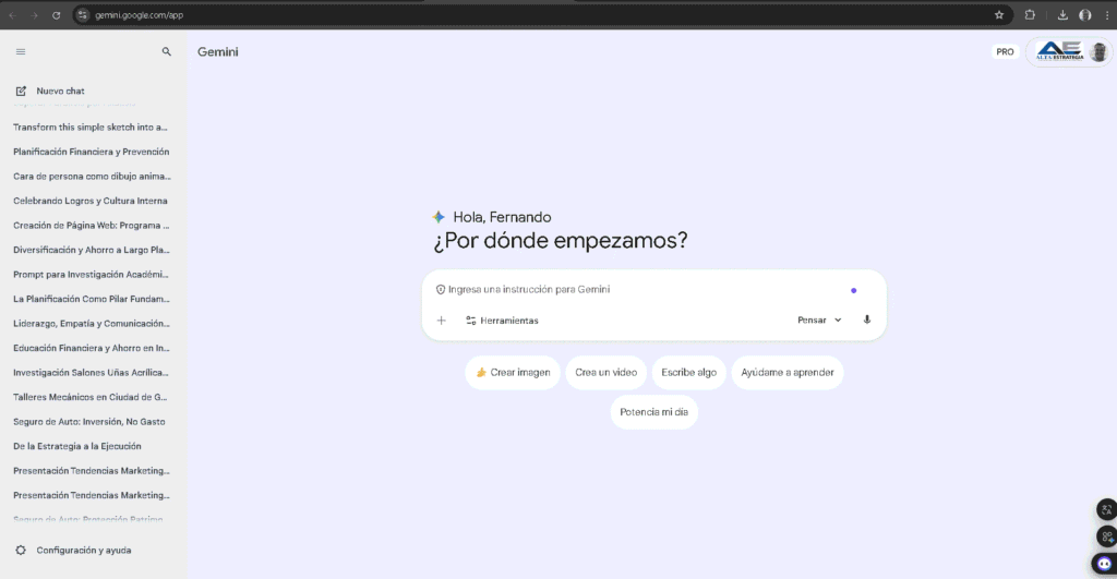 Interfaz principal de Google Gemini mostrando botones de acción como “Crear imagen” y “Crear un video”, ilustrando el acceso centralizado a las herramientas de IA de Google.

Captura de pantalla de la aplicación Gemini, donde se centraliza el acceso a las funciones de IA de Google, incluyendo generación de imágenes y videos.