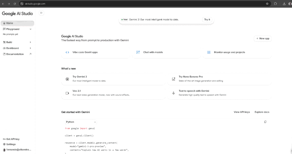 Interfaz de Google AI Studio (entorno de desarrollo de IA) destacando el nuevo modelo Gemini 3 y las opciones para crear aplicaciones de IA, chat con modelos y herramientas como Nano Banana Pro.