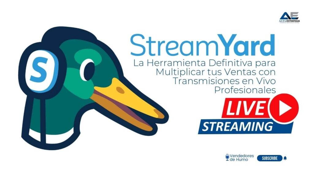 Profesional realizando transmisión en vivo con StreamYard para aumentar ventas, mostrando pantalla con múltiples plataformas sociales