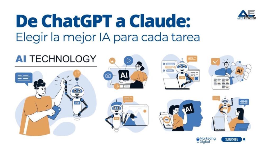 Vista de primer plano de una persona profesional en un escritorio moderno, seleccionando estratégicamente entre iconos flotantes y brillantes de los principales modelos de IA: ChatGPT, Google Gemini, Anthropic Claude, Grok y Perplexity, ilustrando la elección estratégica de herramientas digitales para negocios.