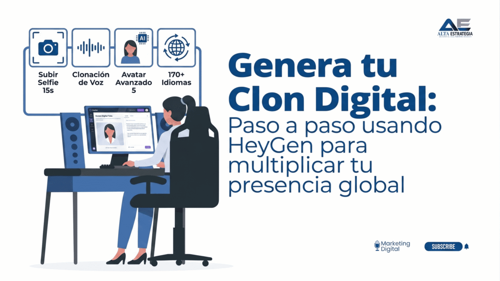 Infografía de marketing de AE Alta Estrategia sobre la creación de un clon digital paso a paso usando HeyGen para multiplicar la presencia global en 170 idiomas.
