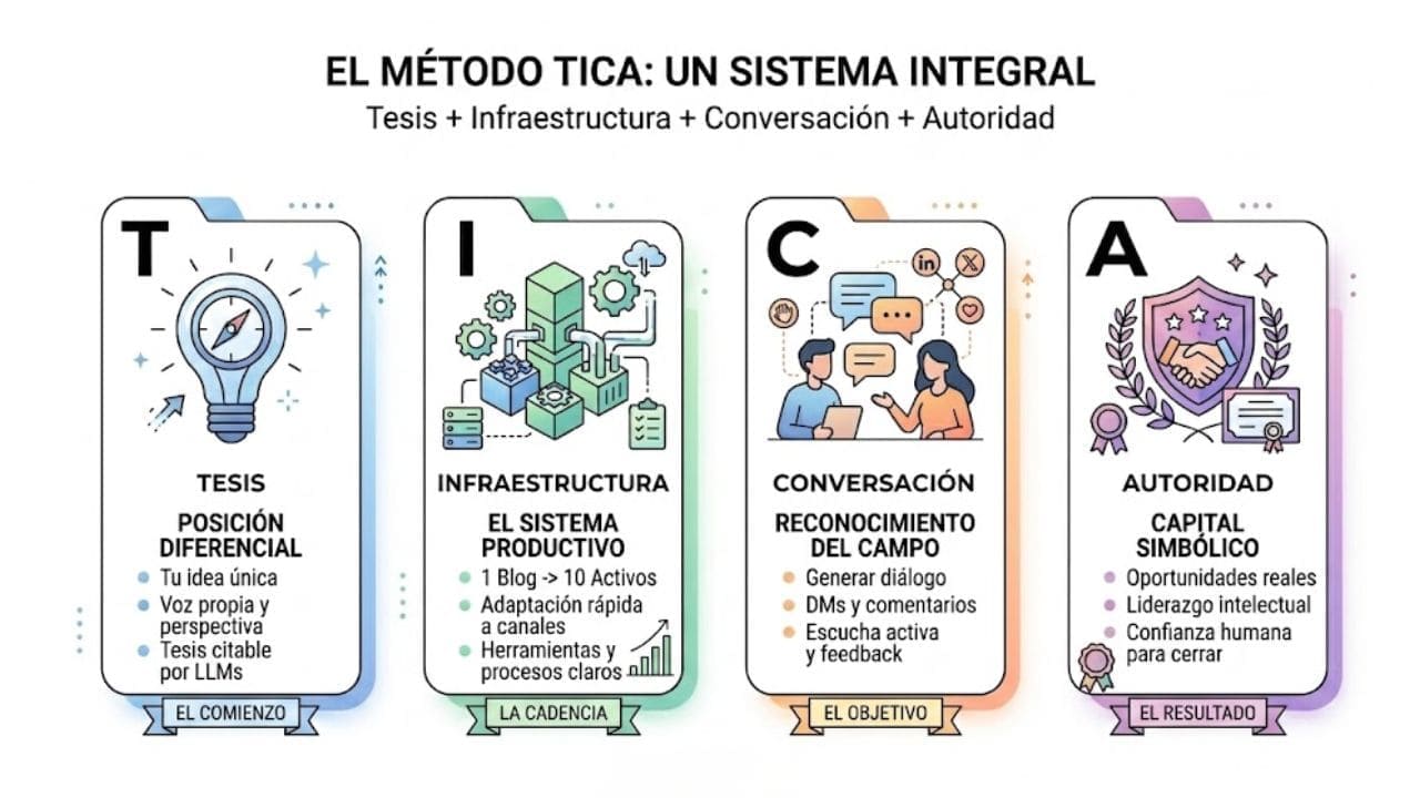 Infografía que detalla el Método TICA como un sistema integral de marketing B2B. La imagen presenta cuatro columnas: Tesis (Posición diferencial e ideas únicas), Infraestructura (Sistema productivo para convertir 1 blog en 10 activos), Conversación (Reconocimiento del campo y feedback) y Autoridad (Capital simbólico y confianza para cerrar negocios). Cada sección incluye iconos ilustrativos como una bombilla con brújula, engranajes, personas dialogando y un escudo de confianza.