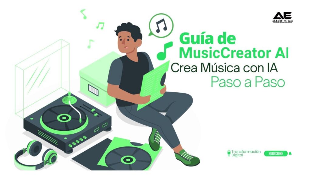 Interfaz digital de MusicCreator.ai mostrando ondas de sonido y notas musicales generadas por inteligencia artificial.