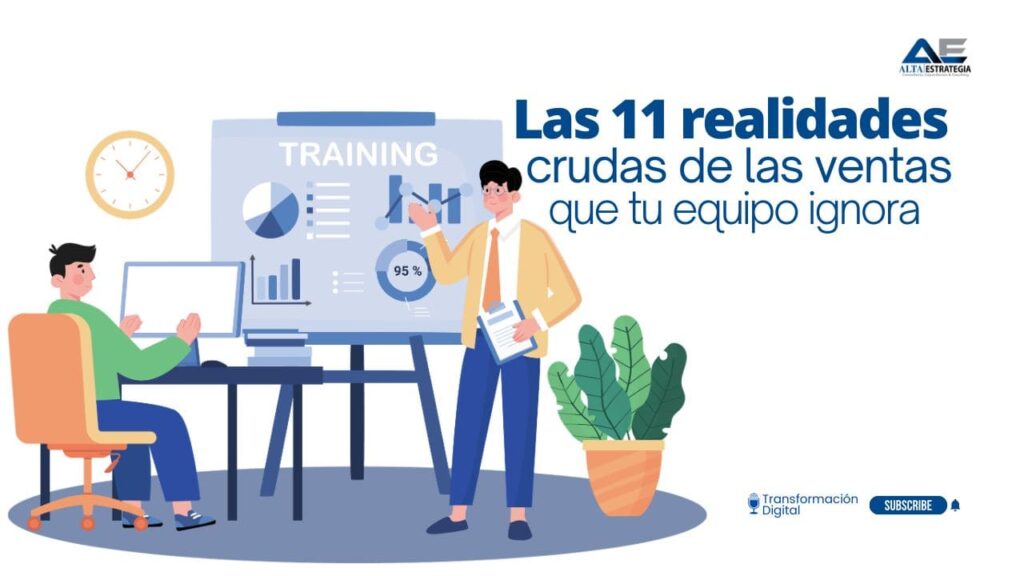 alt="Director de empresa y su equipo comercial analizan gráficos de facturación estancada frente a una pantalla con un embudo de ventas digital en una oficina de Latinoamérica"
