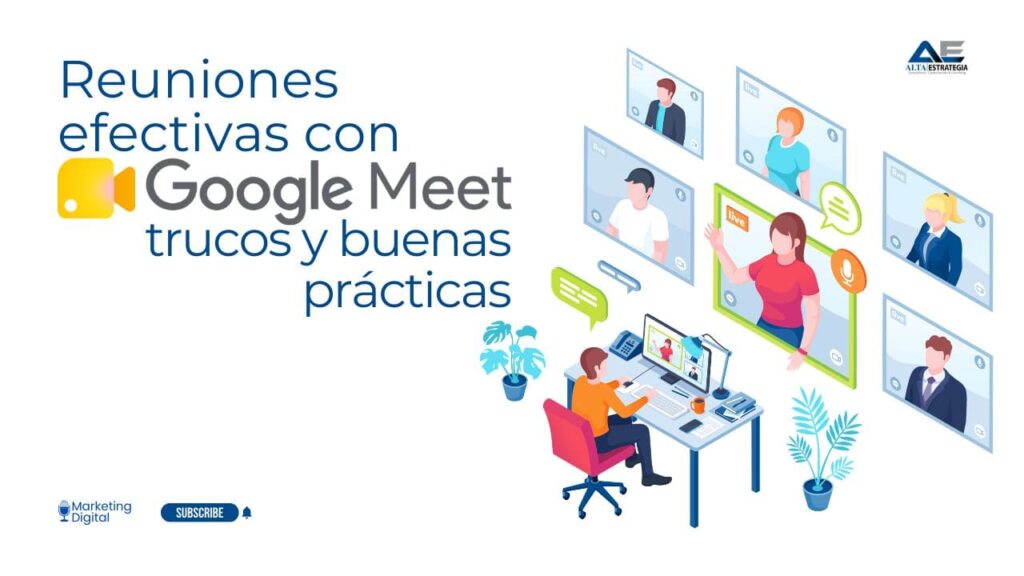 Ilustración conceptual de una pantalla de Google Meet con elementos de productividad flotando, como un reloj, checkmarks de tareas y engranajes de configuración sobre un fondo tecnológico.