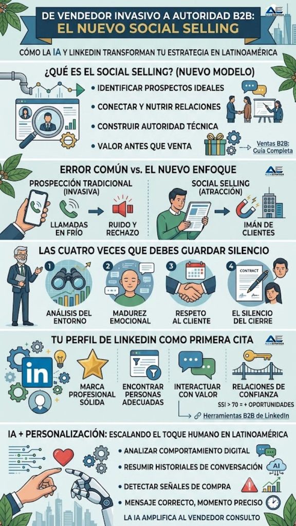Esta infografía es un **mapa de ruta visual diseñado para líderes comerciales, consultores y fundadores de MiPyMEs en Latinoamérica** que buscan transformar su modelo de prospección B2B. Recrea gráficamente la tesis central del artículo, ilustrando el viaje de transformación desde la venta invasiva tradicional hacia la construcción de una autoridad digital magnética.
A través de cinco módulos interconectados, la infografía desglosa los pilares tácticos y estratégicos del **Nuevo Social Selling**:
* **La Revolución del Modelo:** Contrasta el enfoque anticuado de persecución por volumen frente al nuevo ecosistema de atracción basado en valor y confianza.
* **La Regla de los 4 Silencios:** Visualiza la metodología consultiva de alto nivel (Análisis, Madurez, Respeto y Cierre), donde el silencio estratégico vende más que la insistencia.
* **Pilar LinkedIn de Alto Rendimiento:** Desglosa los cuatro pilares técnicos necesarios para elevar el Social Selling Index (SSI) por encima de los 70 puntos y maximizar oportunidades comerciales.
* **Integración de IA con Alma:** Muestra el balance perfecto entre la Inteligencia Artificial (análisis de datos, señales de compra y personalización) y el toque humano imprescindible para cerrar negocios en la región.
En resumen, esta imagen es una **guía práctica y accionable para migrar de ser un "vendedor de ruido" a convertirse en el referente obligatorio y de confianza** de tu nicho de mercado B2B en Latinoamérica.