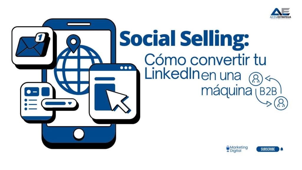 Ejecutivos de ventas B2B en Latinoamérica utilizando computadoras e Inteligencia Artificial para optimizar su estrategia de Social Selling en LinkedIn.