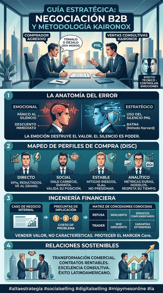 Esta infografía vertical ofrece una hoja de ruta visual y práctica basada en la Metodología Kaironox para dominar la negociación de ventas corporativas de alto valor.
El diseño está estructurado en un flujo de cuatro áreas clave que transforman el enfoque transaccional tradicional en una disciplina científica de alta estrategia:
La Anatomía del Error: Contrapone la mentalidad emocional (pánico al silencio, descuentos inmediatos) con la mentalidad estratégica (uso de PNL, BATNA), demostrando cómo el control de emociones protege el valor.
Mapeo de Perfiles de Compra (DISC): Desglosa los cuatro arquetipos psicológicos de compradores B2B (Directo, Social, Estable, Analítico) y proporciona las claves precisas para comunicarse y vender a cada uno.
Ingeniería Financiera: Muestra cómo transicionar de vender características a vender valor. Incluye herramientas como preguntas de implicación y la matriz de concesiones para defender el margen principal del acuerdo.
Relaciones Sostenibles: Visualiza el resultado final de aplicar la metodología, logrando una transformación comercial con contratos rentables y éxito sostenido en el mercado latinoamericano.