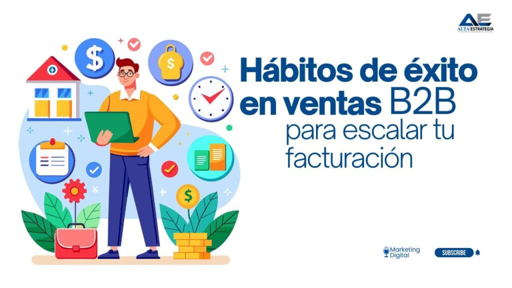Empresario revisando la planificación de hábitos de éxito en ventas B2B en un ordenador portátil