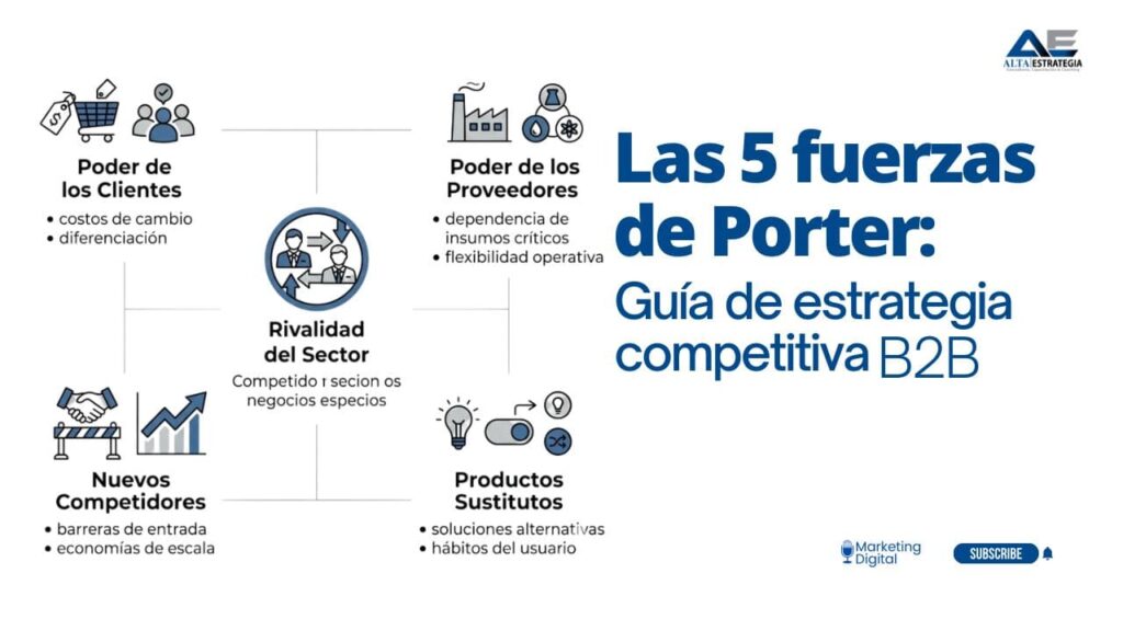 Infografia del analisis de las 5 fuerzas de Porter aplicado a la estrategia competitiva y al entorno competitivo de empresas B2B en Latinoamérica.