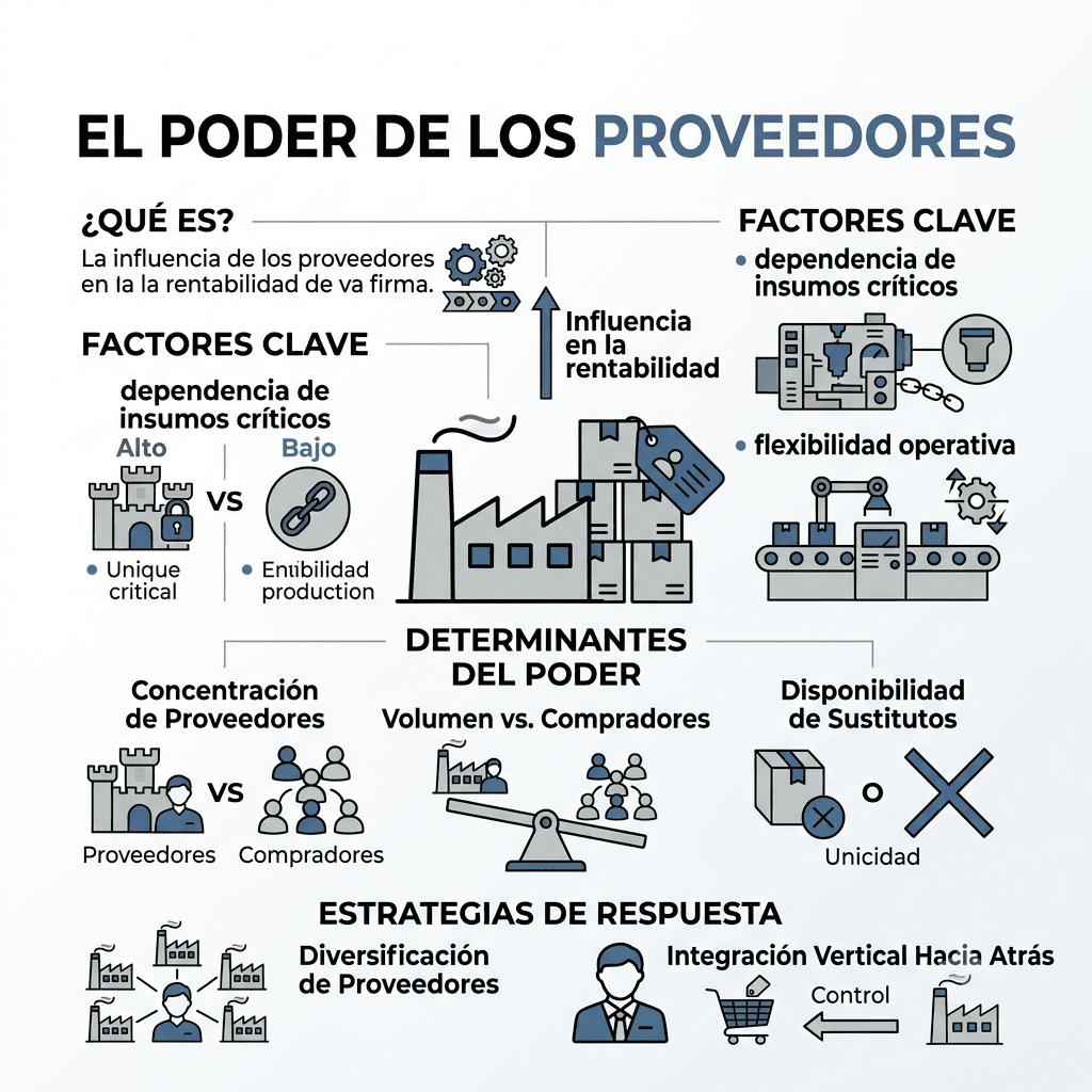 Factores Clave del Poder de los Clientes según Porter.
Vista detallada de la sección superior izquierda de una infografía de las 5 fuerzas de Porter, titulada 'Poder de los Clientes'. El gráfico incluye iconos de un carrito de compras y un grupo de personas con una marca de verificación. Dos puntos clave se enumeran: 'costos de cambio' y 'diferenciación', destacando cómo estos factores afectan el poder de negociación de los compradores.
