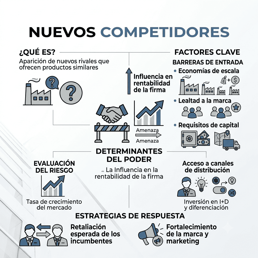 Detalle de Poder de los Proveedores
Sección detallada de la esquina superior derecha de una infografía sobre el modelo de las 5 fuerzas de Porter, enfocada en el 'Poder de los Proveedores'. Muestra iconos de una fábrica, tubos de ensayo y una red de distribución. Los factores clave enumerados son 'dependencia de insumos críticos' y 'flexibilidad operativa', ilustrando las variables que determinan el poder de negociación de los proveedores.