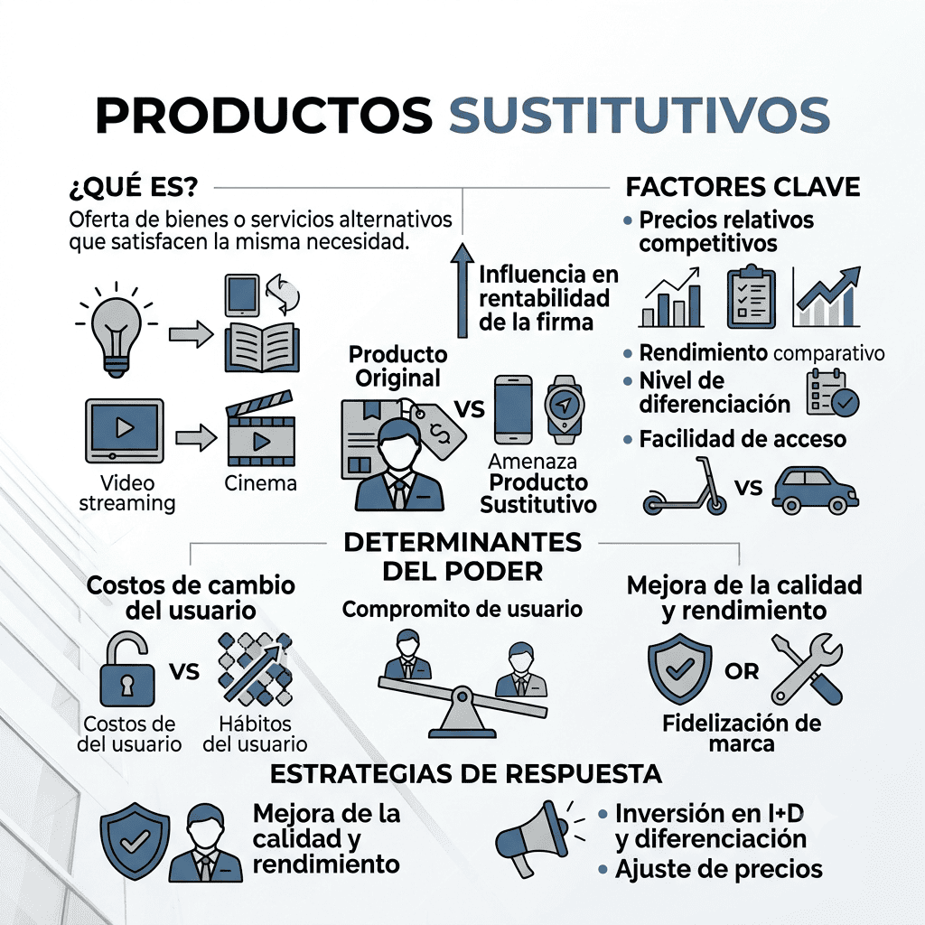 Barreras de Entrada y Amenaza de Nuevos Competidores.
Close-up de la sección inferior izquierda de una infografía de las 5 fuerzas de Porter, titulada 'Nuevos Competidores'. Incluye iconos de un apretón de manos superando una barrera y un gráfico de crecimiento con una flecha hacia arriba. Se destacan los conceptos de 'barreras de entrada' y 'economías de escala', factores determinantes en la facilidad o dificultad para que nuevas empresas entren a un mercado.