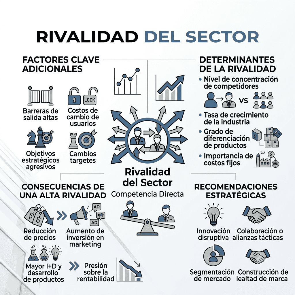 Identificación y Amenaza de Productos Sustitutos.
Sección detallada de la esquina inferior derecha de una infografía sobre el modelo de las 5 fuerzas de Porter, centrada en los 'Productos Sustitutos'. El gráfico muestra iconos de una bombilla, un interruptor y una red de alternativas. Los factores enumerados son 'soluciones alternativas' y 'hábitos del usuario', que influyen en la propensión de los clientes a cambiar a productos de industrias diferentes.