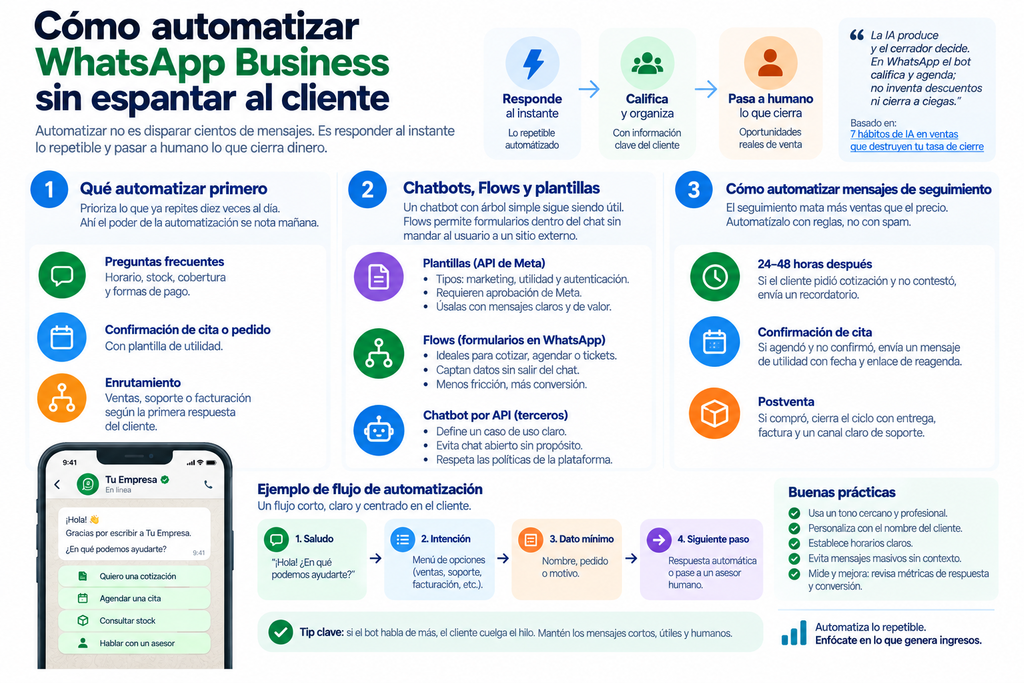 Infografía estratégica y técnica que explica el proceso paso a paso para automatizar conversaciones en WhatsApp Business de forma efectiva y orientada a la conversión de ventas. La pieza gráfica se divide en tres pilares fundamentales de automatización comercial:
Qué automatizar primero: Priorización de respuestas frecuentes (horarios, stock, formas de pago), confirmaciones de citas o pedidos y enrutamiento inteligente de chats hacia ventas, soporte o facturación.
Chatbots, Flows y plantillas: Herramientas técnicas de Meta API que incluyen plantillas autorizadas (marketing, utilidad, autenticación), formularios integrados en el chat (Flows) para cotizar o agendar sin salir de la app, y conectores de API de terceros.
Mensajes de seguimiento eficiente: Reglas de interacción a las 24–48 horas para cotizaciones pendientes, recordatorios de citas con enlace para reagendar y seguimiento postventa para entrega de facturas y atención al cliente.
Adicionalmente, la imagen ilustra un Ejemplo de flujo de automatización en 4 pasos (Saludo, Intención, Dato mínimo y Siguiente paso con derivación a un asesor humano) y destaca una lista de buenas prácticas de atención al cliente. Este recurso está diseñado para la optimización de ventas digitales, marketing en WhatsApp y gestión de leads para PYMES y empresas en Guatemala y Latinoamérica.