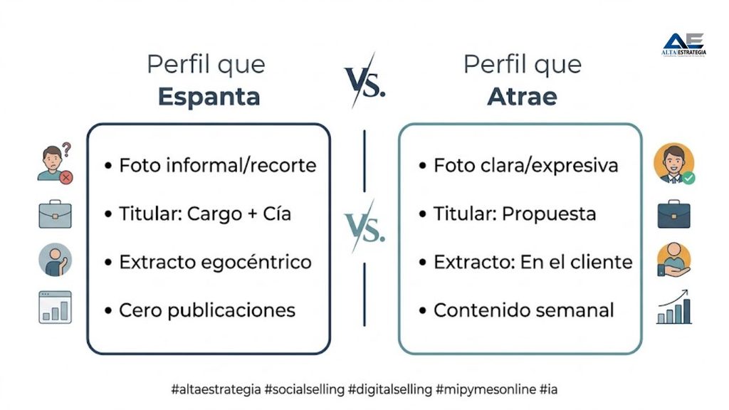 Perfil que Espanta                     Perfil que Atrae         ┐
│ • Foto informal/recorte │           │ • Foto clara/expresiva  │
│ • Titular: Cargo + Cía  │   VS.     │ • Titular: Propuesta    │
│ • Extracto egocéntrico  │           │ • Extracto: En el cliente│
│ • Cero publicaciones    │           │ • Contenido semanal     │

