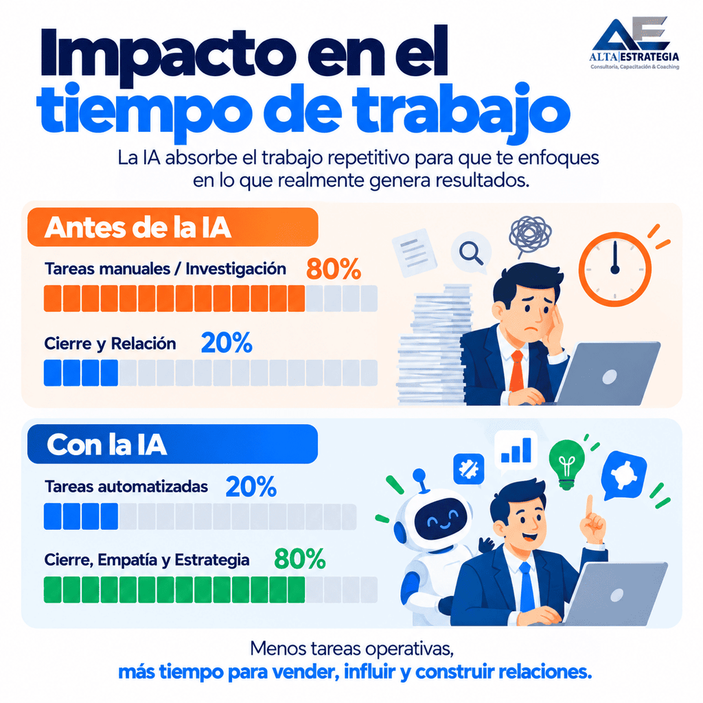 “La verdadera ventaja: recuperar tiempo para vender”, después de explicar la transición de tareas operativas hacia actividades de mayor valor. Esta imagen prácticamente no necesita cambios porque representa exactamente el argumento del texto.