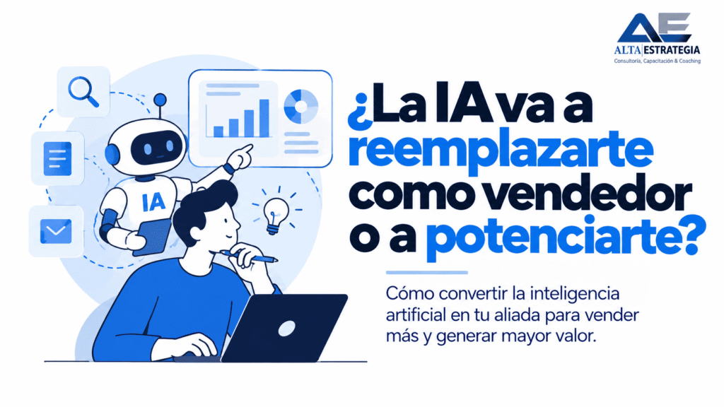 Ilustración sobre inteligencia artificial aplicada a ventas y capacitación comercial de ejecutivos de negocios.