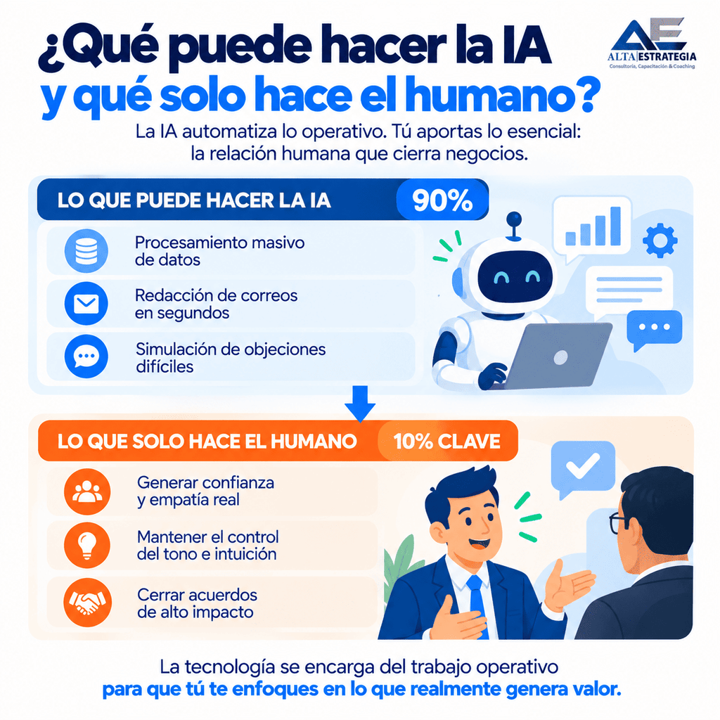 “¿Qué puede hacer la IA y qué solo hace el humano?”
La movería a la sección “Lo que la IA hace muy bien y dónde el vendedor aporta más valor”. Queda especialmente bien después del párrafo donde explicamos que la IA procesa, resume, organiza y simula, mientras el profesional aporta contexto, criterio, responsabilidad y relación. Aquí sí recomiendo cambiar posteriormente “Lo que solo hace el humano” por “Donde el humano aporta mayor valor”.
Infografía — “Impacto en el tiempo de trabajo”