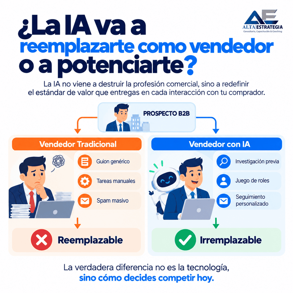 Vendedor tradicional vs. vendedor con IA
Va después de la sección “La inteligencia artificial no elimina al vendedor: eleva el estándar comercial”, justo después de explicar la diferencia entre ambos perfiles. La imagen resume visualmente ese argumento. Si conservamos la imagen actual, funciona; posteriormente podemos cambiar “Reemplazable / Irremplazable” por “Mayor riesgo de automatización / Mayor valor profesional”.