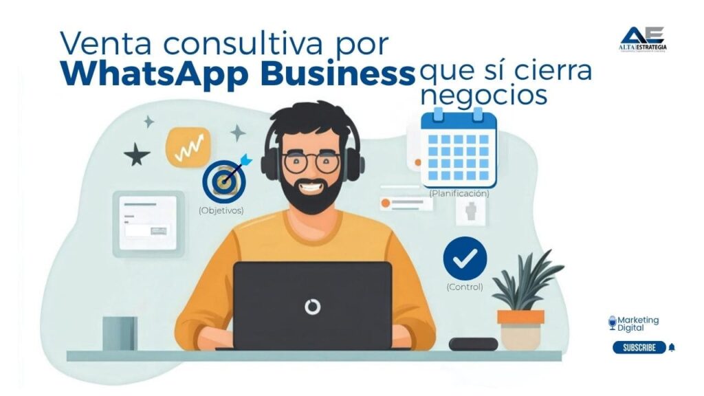 Ilustración de profesional frente a laptop con elementos de venta consultiva por WhatsApp Business, objetivos, planificación y control.