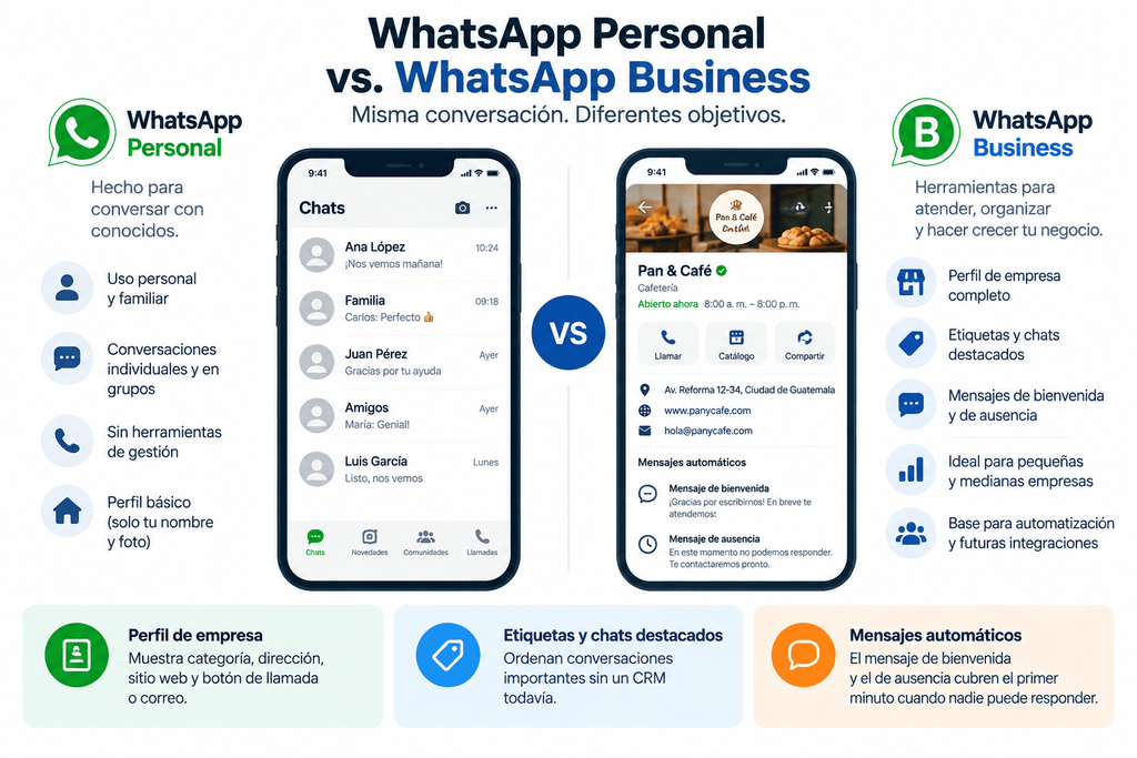 Infografía explicativa que detalla la comparativa técnica y funcional entre WhatsApp Personal y WhatsApp Business. En el lado izquierdo, se identifica la versión personal orientada al uso familiar, chats individuales y perfiles básicos sin herramientas de gestión comercial. En el lado derecho, se muestran las funcionalidades profesionales de WhatsApp Business, incluyendo perfil de empresa completo con dirección física en Av. Reforma, Ciudad de Guatemala, sitio web, catálogo de productos y botones de contacto directo. La imagen destaca elementos clave para la automatización de ventas como mensajes de bienvenida, respuestas de ausencia, etiquetas para categorizar conversaciones y la infraestructura básica para integraciones con CRM para pequeñas y medianas empresas (PyMEs) en Latinoamerica.