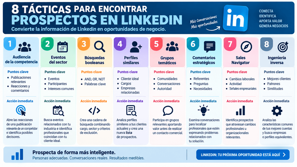 <!-- wp:table -->
<figure class="wp-block-table"><table class="has-fixed-layout"><thead><tr><th>#</th><th>Táctica</th><th>Puntos clave</th><th>Acción inmediata</th></tr></thead><tbody><tr><td><strong>1</strong></td><td><strong>Audiencia de la competencia</strong></td><td>Publicaciones relevantes, reacciones y comentarios</td><td>Abre las reacciones de una publicación relevante de un competidor e identifica posibles decisores.</td></tr><tr><td><strong>2</strong></td><td><strong>Eventos del sector</strong></td><td>Eventos, participantes e intereses comunes</td><td>Busca eventos relacionados con tu industria e identifica profesionales que coincidan con tu cliente ideal.</td></tr><tr><td><strong>3</strong></td><td><strong>Búsquedas booleanas</strong></td><td>AND, OR, NOT y palabras clave</td><td>Crea una cadena de búsqueda combinando cargo, sector y criterios de exclusión.</td></tr><tr><td><strong>4</strong></td><td><strong>Perfiles similares</strong></td><td>Cliente ideal, cargos y empresas relacionadas</td><td>Analiza perfiles similares a tus clientes actuales y crea una nueva lista de prospectos.</td></tr><tr><td><strong>5</strong></td><td><strong>Grupos temáticos</strong></td><td>Comunidades, conversaciones y autoridad</td><td>Participa en grupos relevantes aportando valor antes de realizar un contacto comercial.</td></tr><tr><td><strong>6</strong></td><td><strong>Comentarios estratégicos</strong></td><td>Referentes, preguntas y necesidades</td><td>Examina conversaciones para localizar profesionales que estén expresando problemas relacionados con tu solución.</td></tr><tr><td><strong>7</strong></td><td><strong>Sales Navigator</strong></td><td>Cambios laborales, actividad y señales empresariales</td><td>Identifica prospectos que atraviesan cambios profesionales u organizacionales relevantes.</td></tr><tr><td><strong>8</strong></td><td><strong>Ingeniería inversa</strong></td><td>Mejores clientes, patrones y similitudes</td><td>Analiza las características comunes de tus mejores cuentas y busca empresas o perfiles equivalentes.</td></tr></tbody></table></figure>
<!-- /wp:table -->