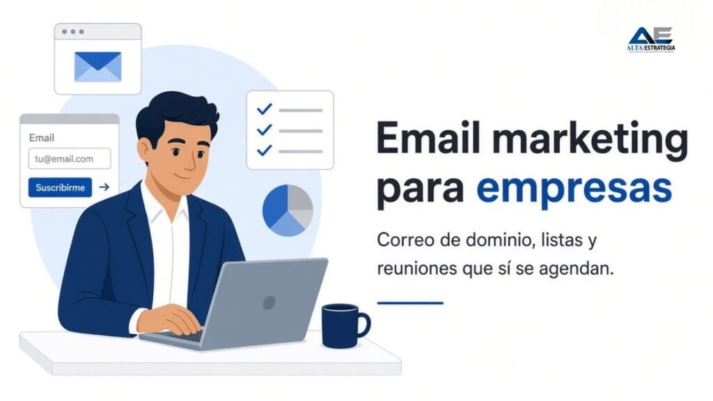 Ilustración de un profesional B2B armando una campaña de email marketing para empresas junto a iconos de correo electrónico, lista de correo y reporte.