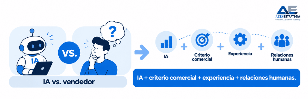 nfografía sobre la fórmula de éxito en ventas integrando inteligencia artificial, criterio comercial, experiencia y relaciones humanas.
Leyenda:
De "IA vs. Vendedor" a la integración estratégica: cómo potenciar el proceso comercial combinando tecnología y capacidades humanas.
Descripción:
Infografía conceptual elaborada por Alta Estrategia (Consultoría, Capacitación & Coaching) que muestra la evolución desde un enfoque de confrontación ("IA vs. vendedor") hacia un modelo de integración estratégica en el ámbito de las ventas. A la izquierda, se observa una ilustración con un robot de IA frente a un profesional en tono de duda. A la derecha, una flecha orienta hacia la fórmula del éxito profesional: la suma de IA, criterio comercial, experiencia y relaciones humanas. Este gráfico está optimizado para su uso en librerías de medios de WordPress, artículos de blog sobre transformación digital empresarial, consultorías de estrategia de ventas, cursos de capacitación ejecutiva y servicios de desarrollo organizacional en países de América Latina y España.