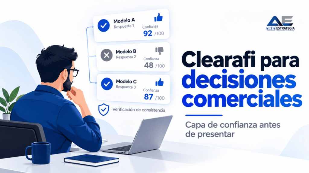 Ejecutivo analizando resultados de Clearafi con métricas de consenso de IA para decisiones comerciales B2B y verificación de datos en Guatemala.