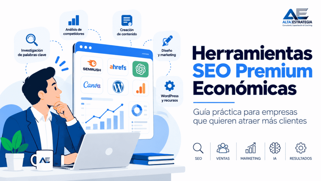 Infografía sobre herramientas SEO premium económicas para empresas de Alta Estrategia con iconos de Semrush, Ahrefs, ChatGPT, Canva y WordPress.