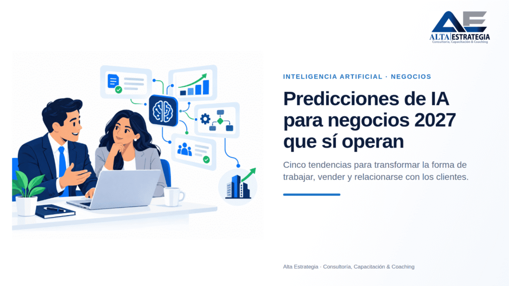 Ilustración sobre predicciones de inteligencia artificial para negocios en 2027 de Alta Estrategia, mostrando dos profesionales trabajando en una computadora.
